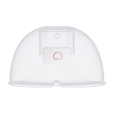 Clear breast pump milk collector replacement part with a heart-shaped design, intended for use with Momcozy products.