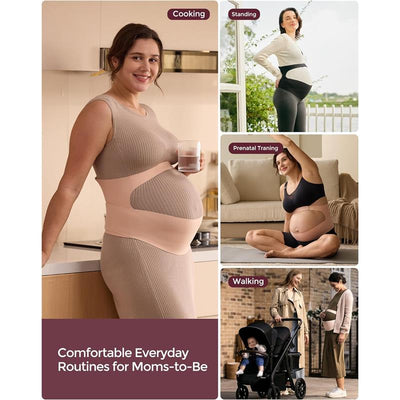 Pregnant woman wearing a Momcozy pregnancy belly band in oyster pink, engaging in daily activities like cooking and exercising.