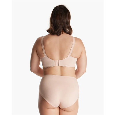 Momcozy seamless floral push-up nursing bra in oyster pink, shown from the back with adjustable straps and hook closure.