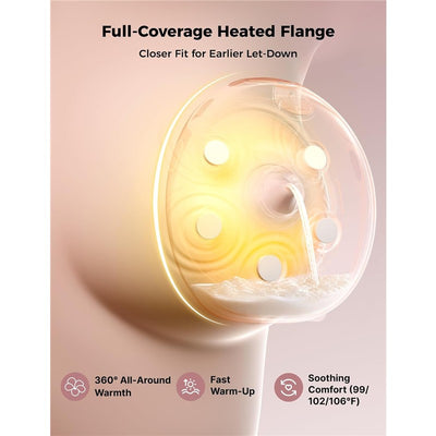 Full-coverage heated flange for the Momcozy Wellness 1 pump, showcasing features like all-around warmth and fast warm-up.