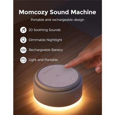 Momcozy White Noise Machine with a hand adjusting settings, featuring 20 sounds, a nightlight, and portable design.