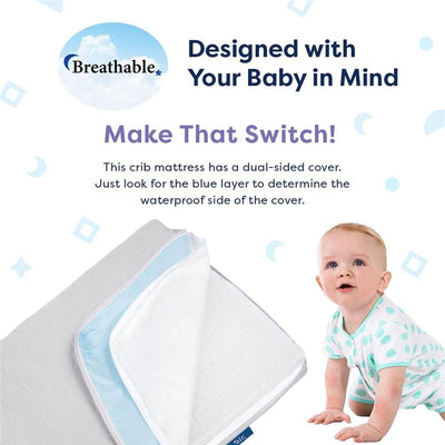 Crib mattress with dual-sided cover, featuring a blue waterproof side, beside an infant playing and smiling.