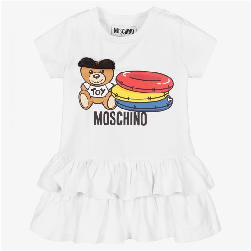 Moschino - Baby Girl Drop Waist Layered Dress With Bear, White Image 3