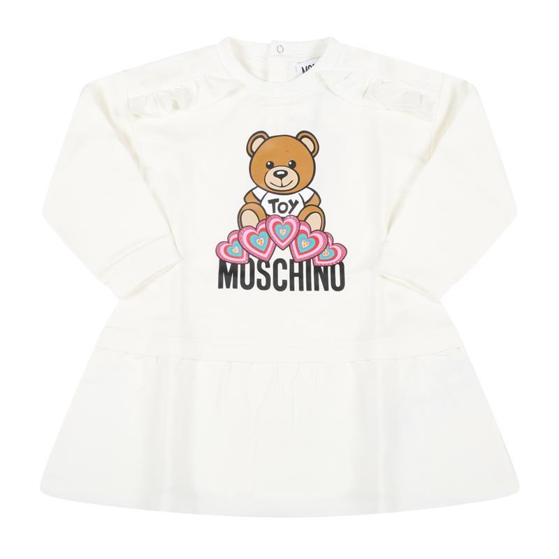 Moschino Baby - Long Sleeve Dress With Large Bear And Ruffle Bottom, White Image 1