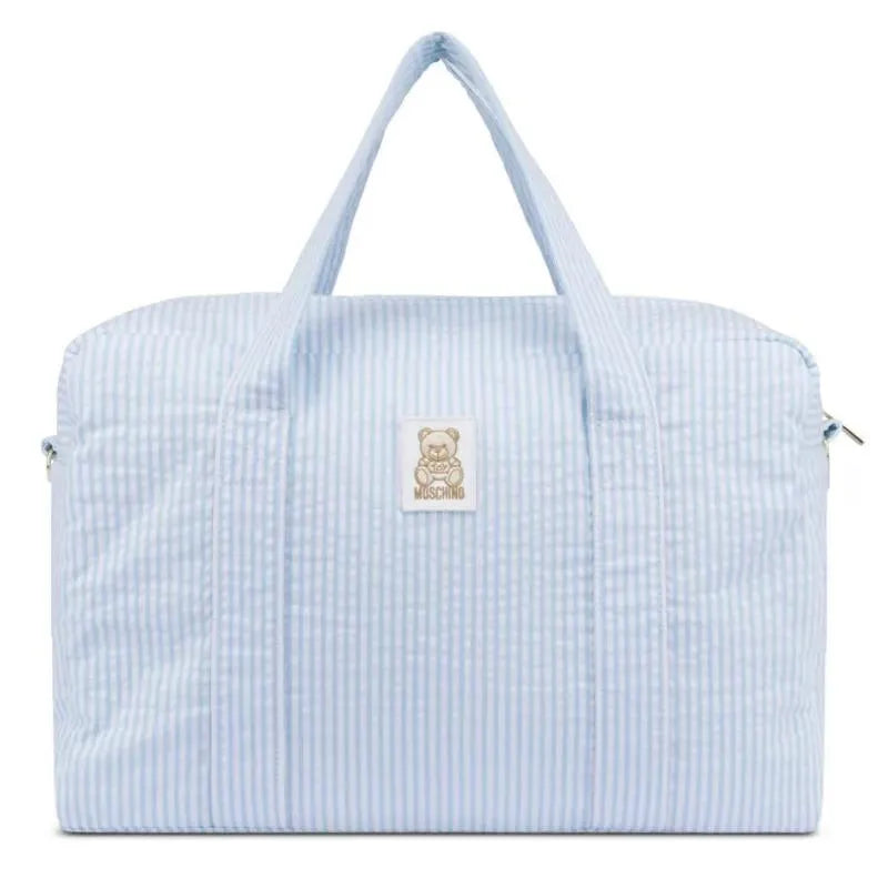 Moschino Baby - Striped Diaper Bag With Bear Patch Changing Mat Light Blue Image 1