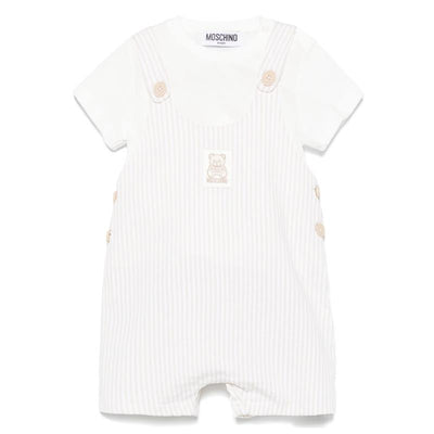 Moschino Baby - Unisex Short Sleeve Tee With Striped Overall And Bear Patch Beige Image 1