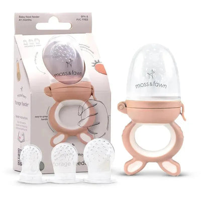 Moss & Fawn Forage Feeder, a silicone baby food teething toy, with its packaging and three interchangeable silicone tips.