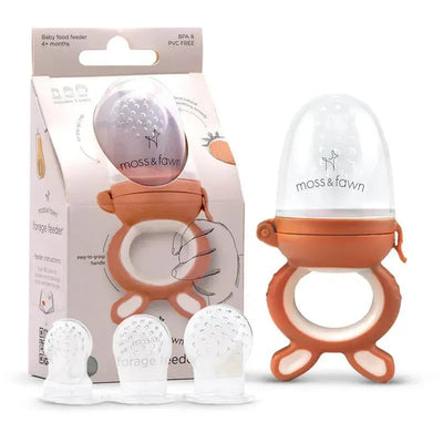 Soothing silicone baby food teething toy in terracotta, featuring a forage feeder, three silicone nibs, and easy-to-grasp handle.