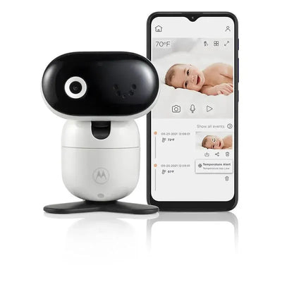 Motorola Baby Monitor Camera PIP1010 with a motorized design next to a smartphone showing a baby video feed and temperature alerts.