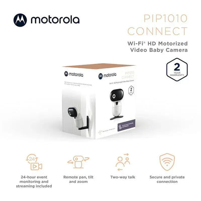Wi-Fi HD motorized baby monitor camera from Motorola, featuring remote pan/tilt, two-way talk, and private connection.