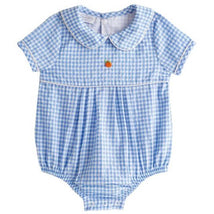 Baby blue gingham bubble with a collar and a decorative pumpkin patch, featuring button closures at the bottom.