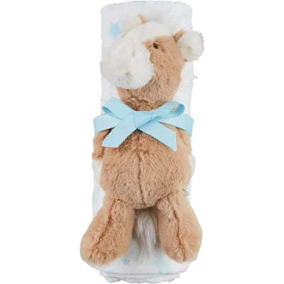 Baby boy swaddle featuring blue stars, wrapped around a plush horse rattle with a light blue bow.