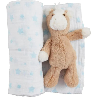Blue star-patterned swaddle and a brown horse plush rattle, designed for baby boys.