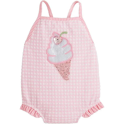 Pink check swimsuit for baby girls featuring an ice cream cone appliqué with sequins and ruffled edges.