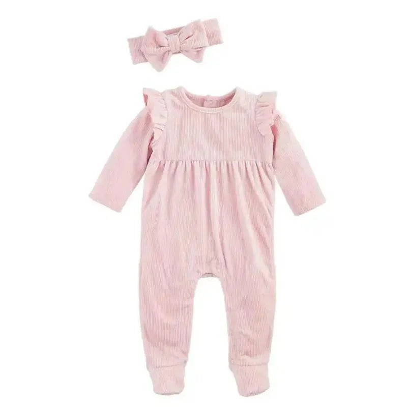 Mud Pie - Baby Girl Pink Velour Sleeper & Headband Set Image 1