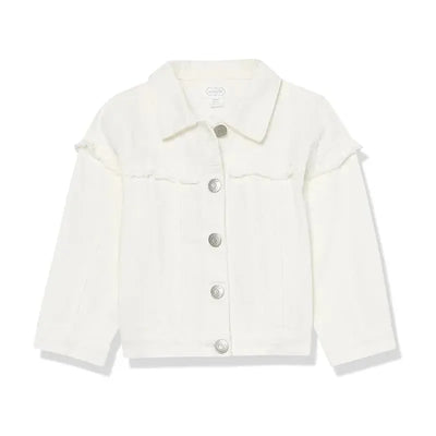 White denim jacket for baby girls, featuring a button front and a classic collar with a ruffled design on the shoulders.