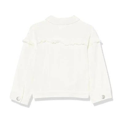 White denim jacket for baby girl featuring a ruffled back detail and snap-button cuffs.