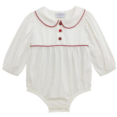White baby bubble outfit with long sleeves, a rounded collar, red trim, and buttons down the front.