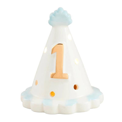 Ceramic blue birthday hat light-up sitter with a gold number one and tiny light holes, ideal for first birthday celebrations.