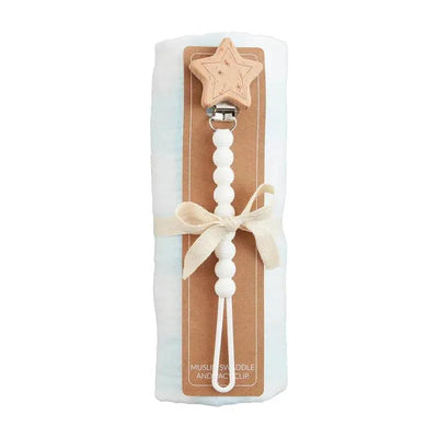 Blue gingham muslin swaddle and pacifier clip set featuring a wooden star clip and white beaded design.