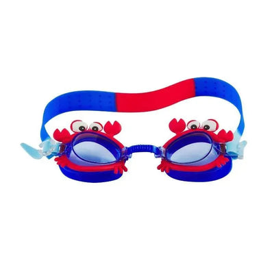 Blue and red baby goggles with crab designs and eyes, suitable for swimming and water play.