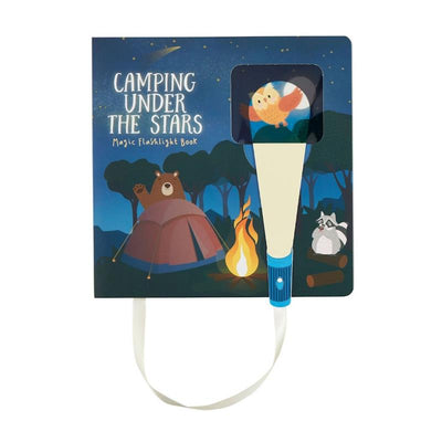 Camping Under the Stars Magic Flashlight Book features a tent, campfire, and animal illustrations, with a flashlight attached.