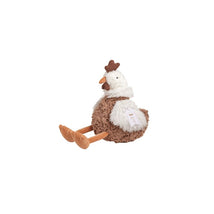 Plush hen toy with a soft brown body and white wings, featuring a cute face and a small crown on its head.