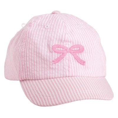 Pink striped cap featuring a small embroidered bow on the front. Ideal for adding a cute accessory to outfits.