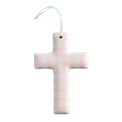 Pink checkerboard ceramic cross with a hanging loop, designed for decorative purposes.