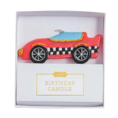 Mud Pie red racecar-shaped birthday candle with a blue top and checkered details, displayed in a white box.