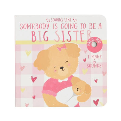 Sounds Like Big Sister book featuring an illustrated dog with a bow holding a puppy, with text promoting sound features.