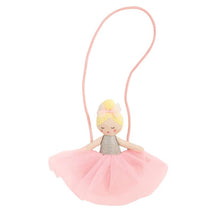 A small tulle ballerina purse featuring a doll with blonde hair, wearing a sparkly silver top and a pink tutu.