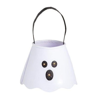 White felt Halloween treat bucket shaped like a ghost, featuring black buttons and an LED light-up design.