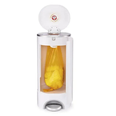 Munchkin Arm & Hammer Diaper Pail with a yellow refill bag inside, designed for odor control in diaper disposal.