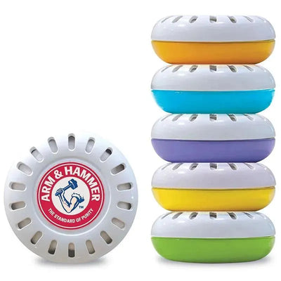 Munchkin Arm & Hammer Fresheners in a 5-Pack, featuring colorful discs in stacked arrangement with a white base.