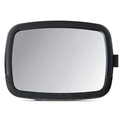 Adjustable car mirror designed for safe rear-facing baby monitoring, featuring a black frame with a soft fabric edge.