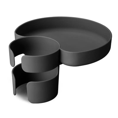 Gray Munchkin Car Seat Tray featuring a large circular base with two smaller cup holders for snacks and drinks.