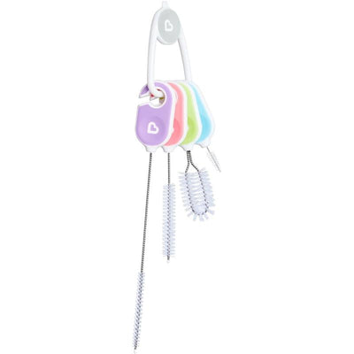 Munchkin Cleaning Brush 4 Piece Set featuring colorful handles and flexible bristles for effective cleaning.