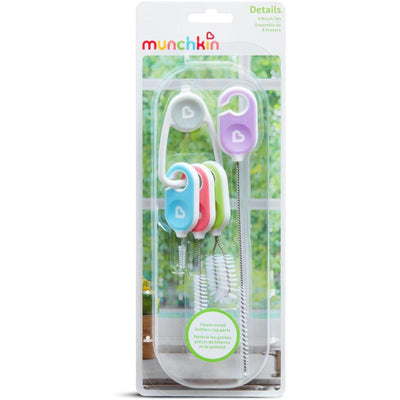 Cleaning brush set featuring four brushes with colorful handles designed for cleaning small bottle and cup parts.