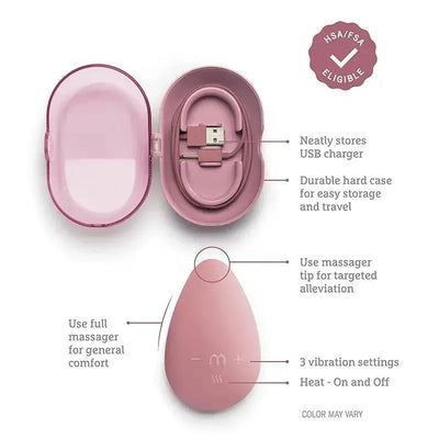 Munchkin Milkmakers Warm Touch Lactation Massager in a pink hard case, featuring a USB charger, massager tip, and settings for heat and vibration.