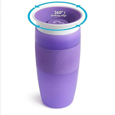 Munchkin Miracle 360 Sippy Cup, 14 oz, in purple with a textured grip and lid featuring a 360° drinking edge.