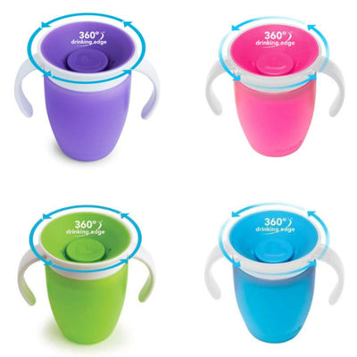 Munchkin Miracle 360° Trainer Cups in purple, pink, green, and blue, featuring a 360° drinking edge and easy-to-hold handles.