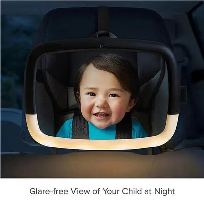 Adjustable baby car mirror with a glare-free light, showing a smiling child in a car seat.