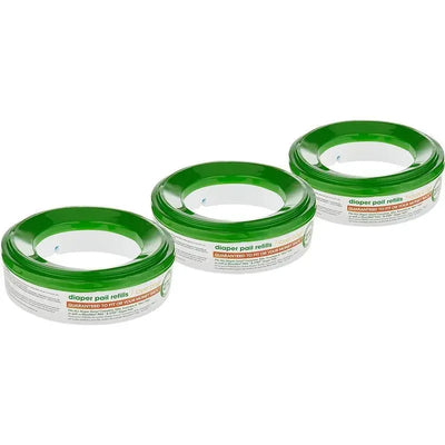Munchkin Nursery Fresh Diaper Genie refills in a pack of three, featuring green containers with white interiors and labels.