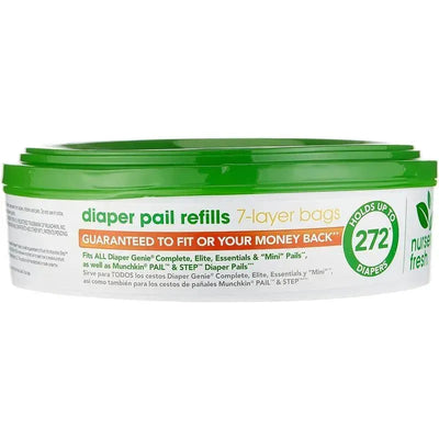 Munchkin Nursery Fresh diaper pail refills in a green container, labeled for 7-layer bags, holds up to 272 diapers.
