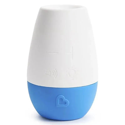 Portable sleep machine in white and blue, featuring sound and light buttons, designed for soothing sleep environments.