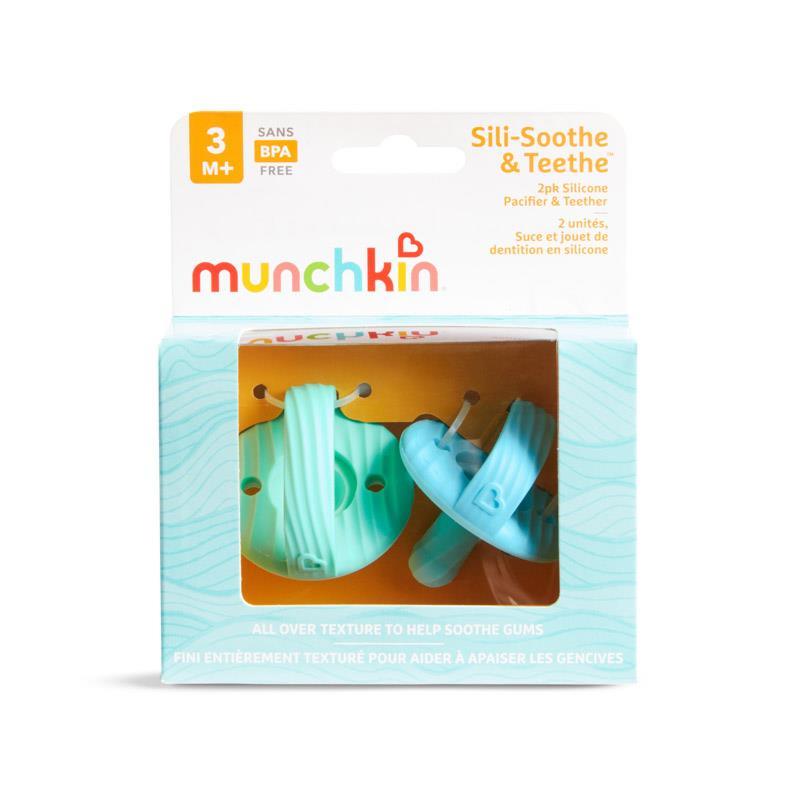 Munchkin Sili-Soothe & Teethe Silicone Pacifier + Teether - 2Pk, Blue/Green Image 9
