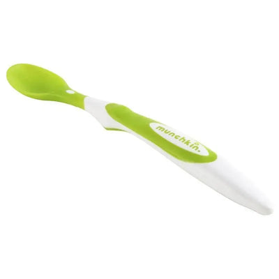 Soft-tip infant spoon in green and white, designed for safe feeding of babies, part of a 6-pack.
