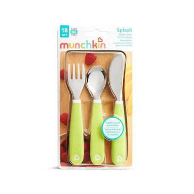 Toddler fork, knife, and spoon set from Munchkin in green, BPA-free, suitable for ages 18 months and up.