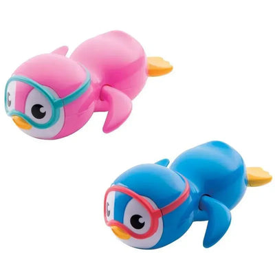 Munchkin Swimming Penguins in pink and blue with goggles, designed for water play and floating fun.